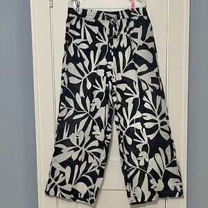 Elie Tahari pull on high waist wide leg 100% linen printed pants size large navy